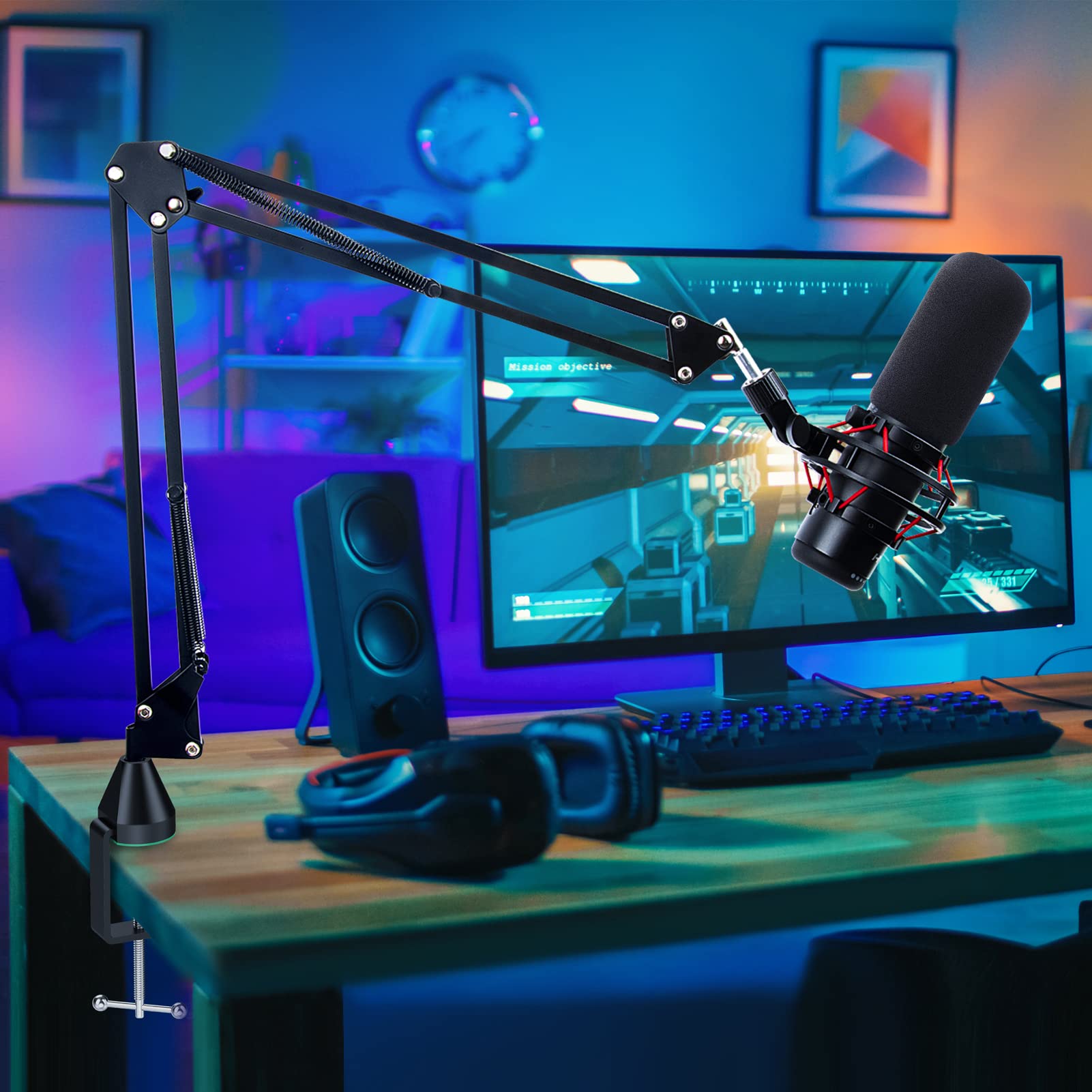 YOUSHARES Wall Mount QuadCast Boom Arm Stand with Mic Windscreen and Table Mount Clamp, Mic Stands and Holders Compatible with H